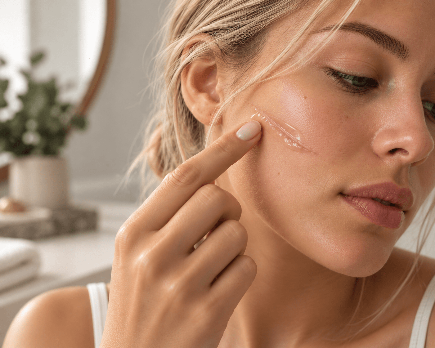 Applying a thin layer of scar gel to a scar on the cheek