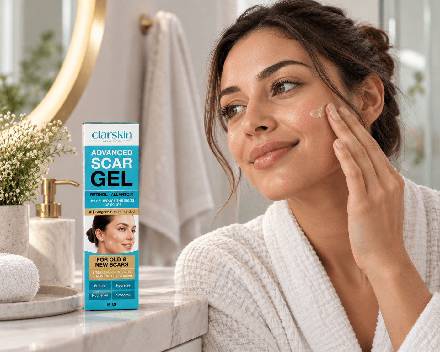 Woman in a bathrobe touching her cheek next to a Clarskin Scar Gel box