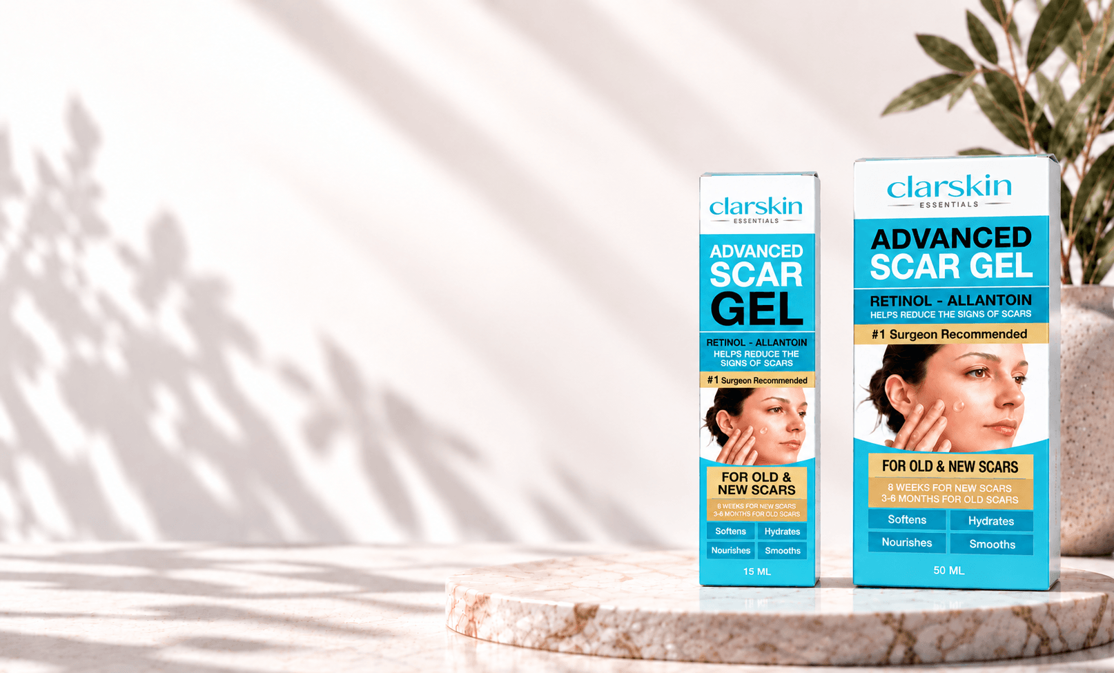 Clarskin Advanced Scar Gel 15ml and 50ml boxes on a marble table