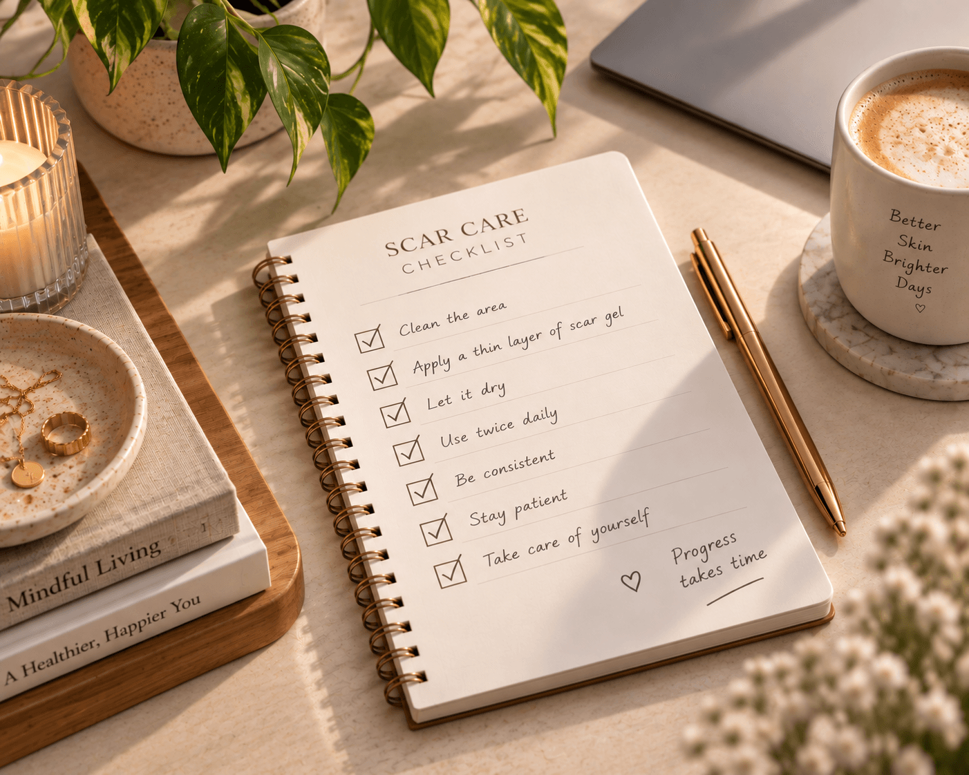 Scar care checklist in a notebook next to a coffee