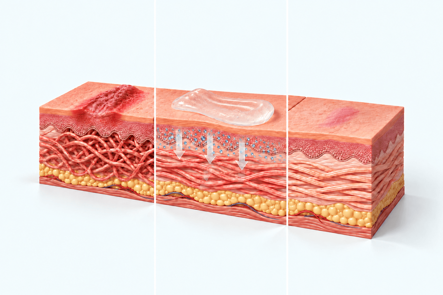 Cross-section of skin showing a scar healing under a layer of gel in three stages